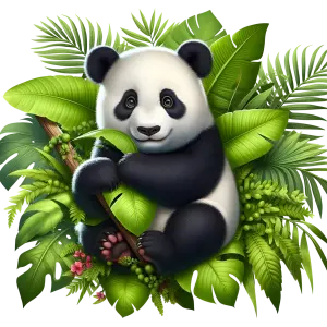 Cute Cartoon Panda Sitting Among Tropical Green Leaves