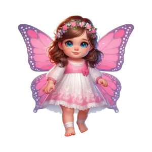 Cute Little Girl Fairy with Pink Butterfly Wings and Floral Headband