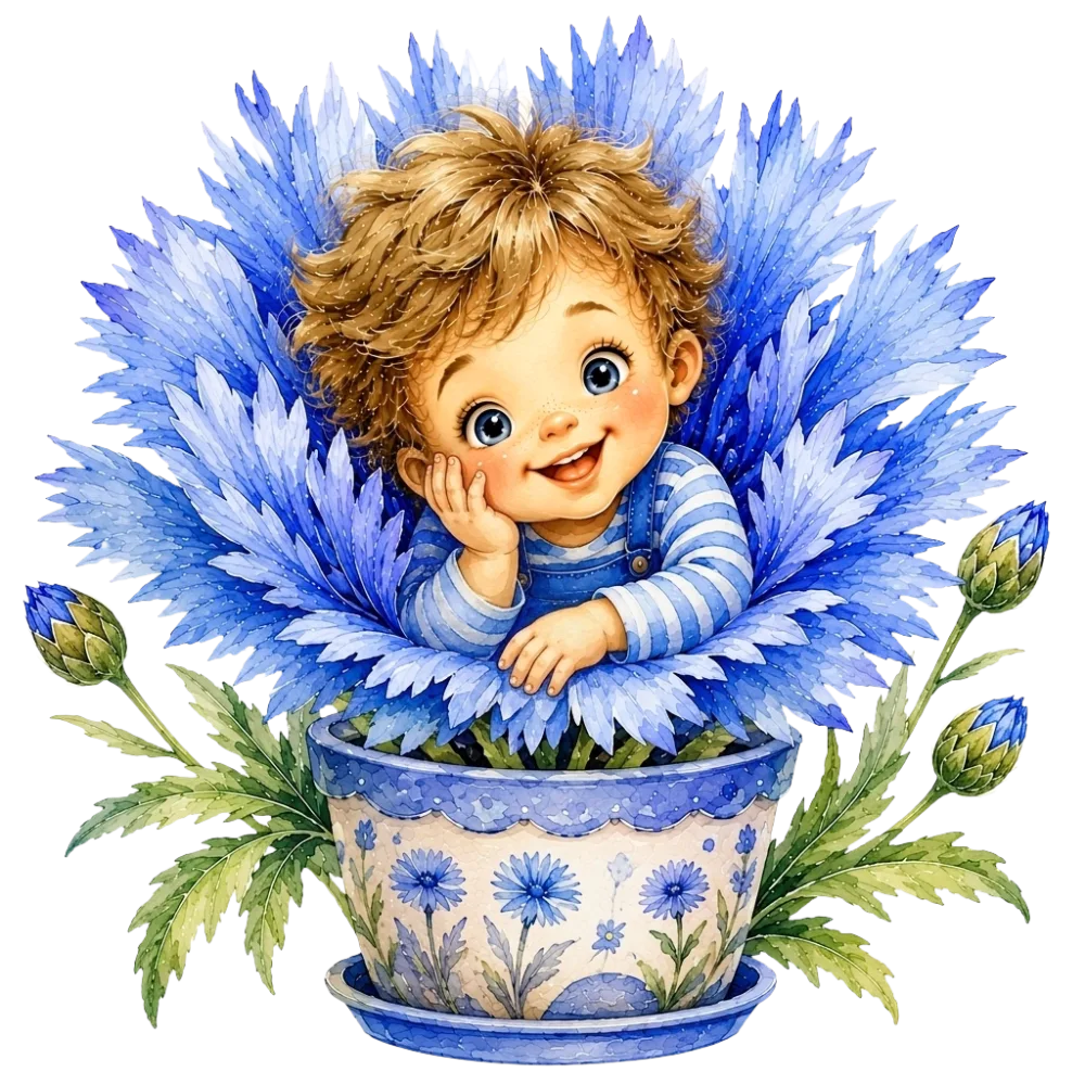 Cute Child Emerging from Blue Flower in Decorative Pot