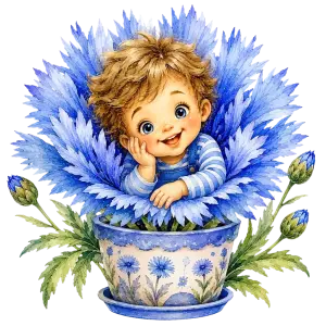 Cute Child Emerging from Blue Flower in Decorative Pot