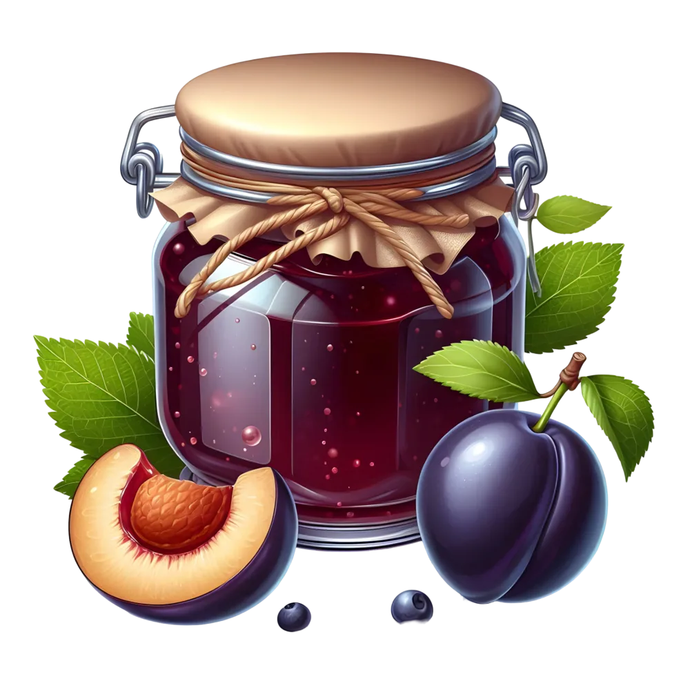 Jar of Plum Jam with Fresh Plums and Green Leaves