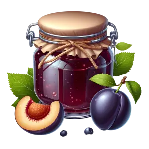 Jar of Plum Jam with Fresh Plums and Green Leaves