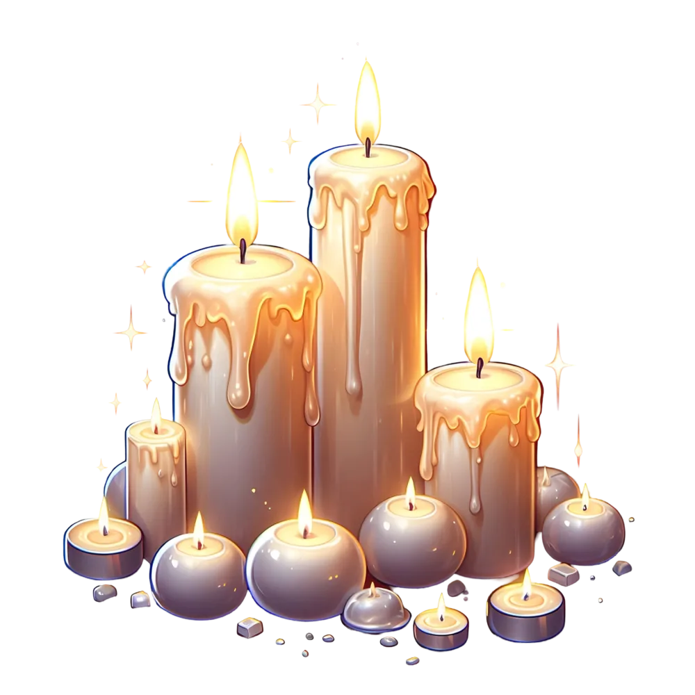 Collection of Lit Dripping Wax Candles with Sparkles
