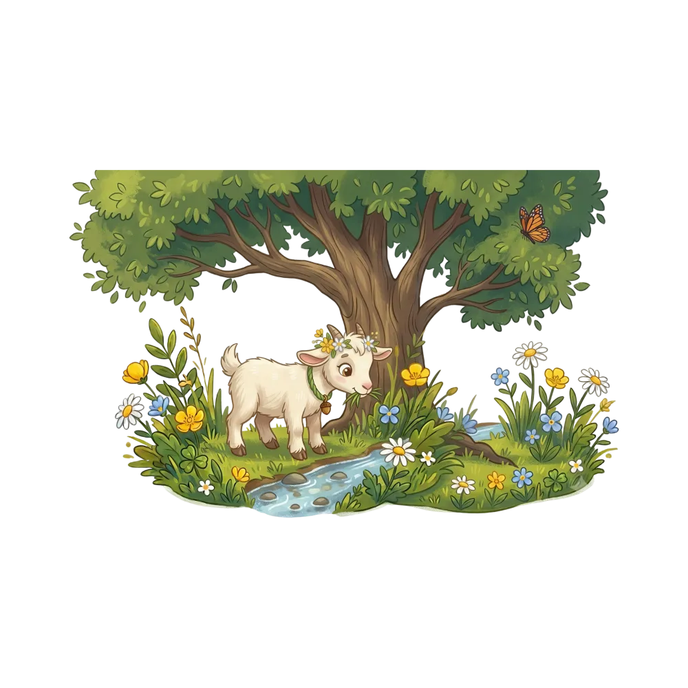 Cute Baby Goat in Flowering Meadow with Tree and Stream