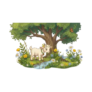 Cute Baby Goat in Flowering Meadow with Tree and Stream