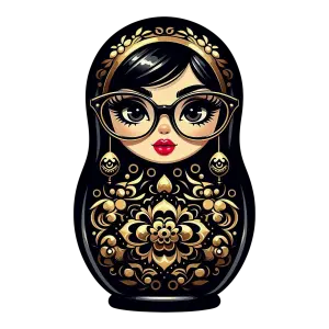 Stylish Russian Nesting Doll with Glasses and Ornate Gold Patterns