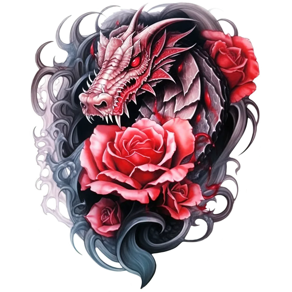 Red Dragon with Roses Detailed Illustration