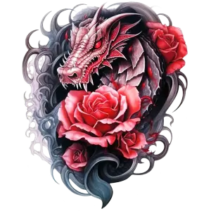 Red Dragon with Roses Detailed Illustration