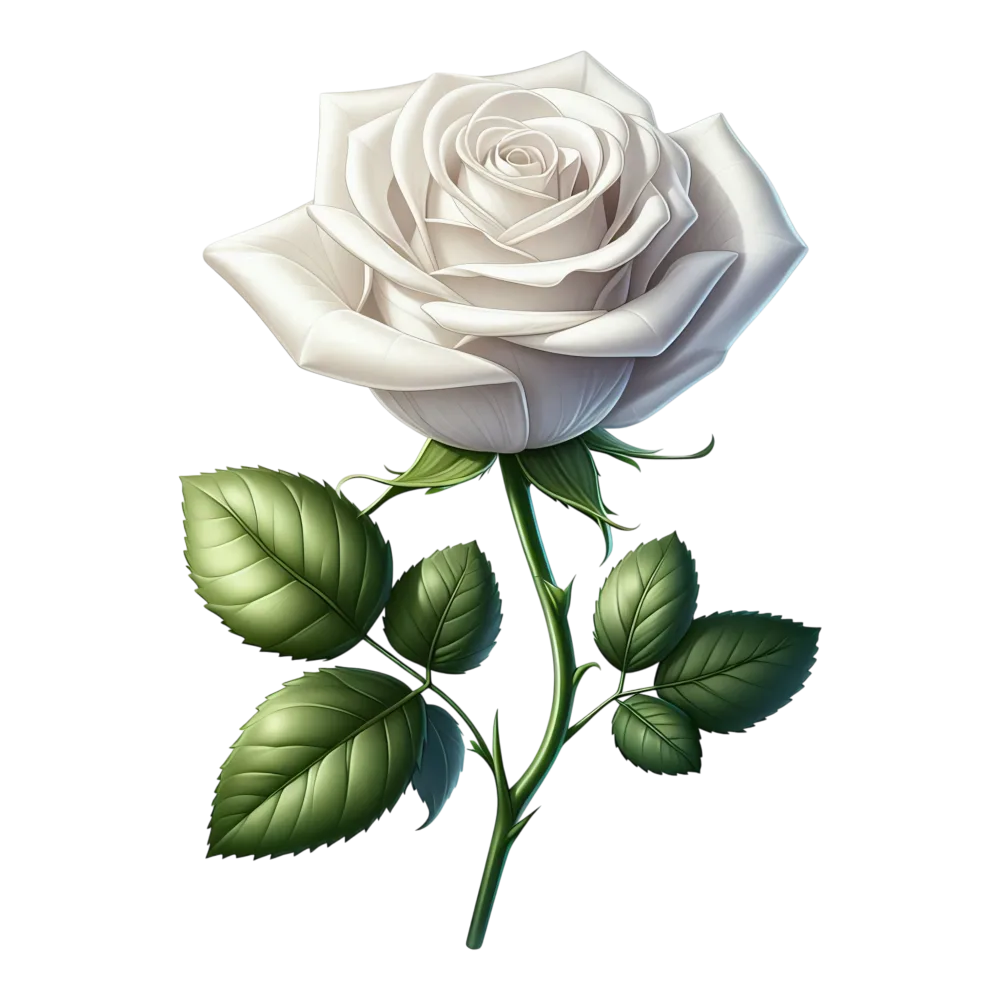 White Rose with Green Leaves on Stem