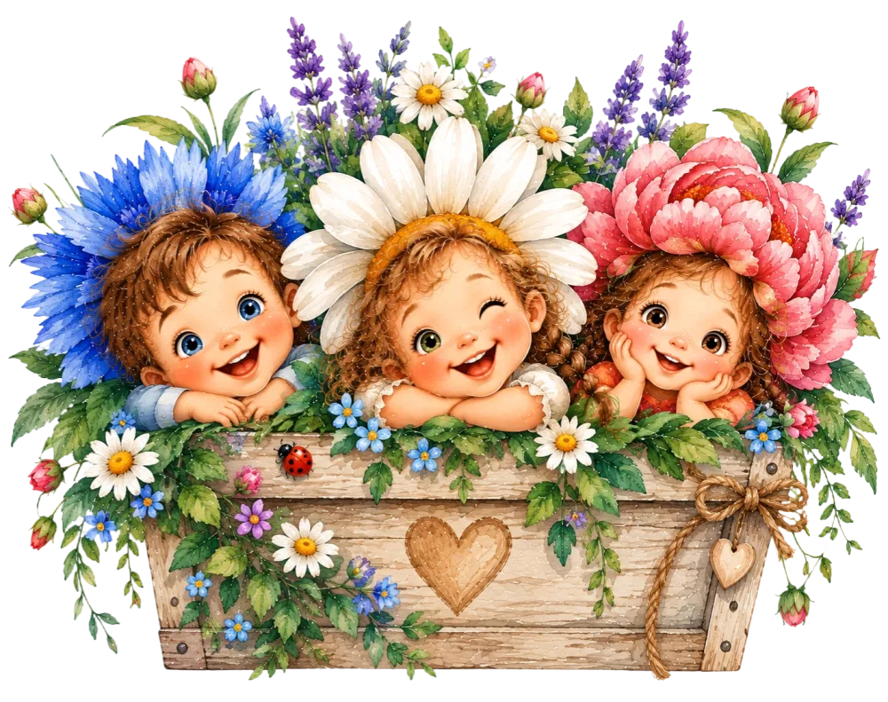 Cute Children with Flower Hats in Rustic Wooden Box