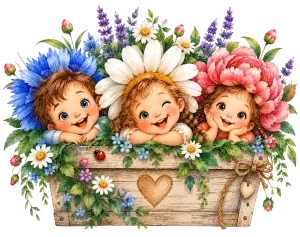 Cute Children with Flower Hats in Rustic Wooden Box