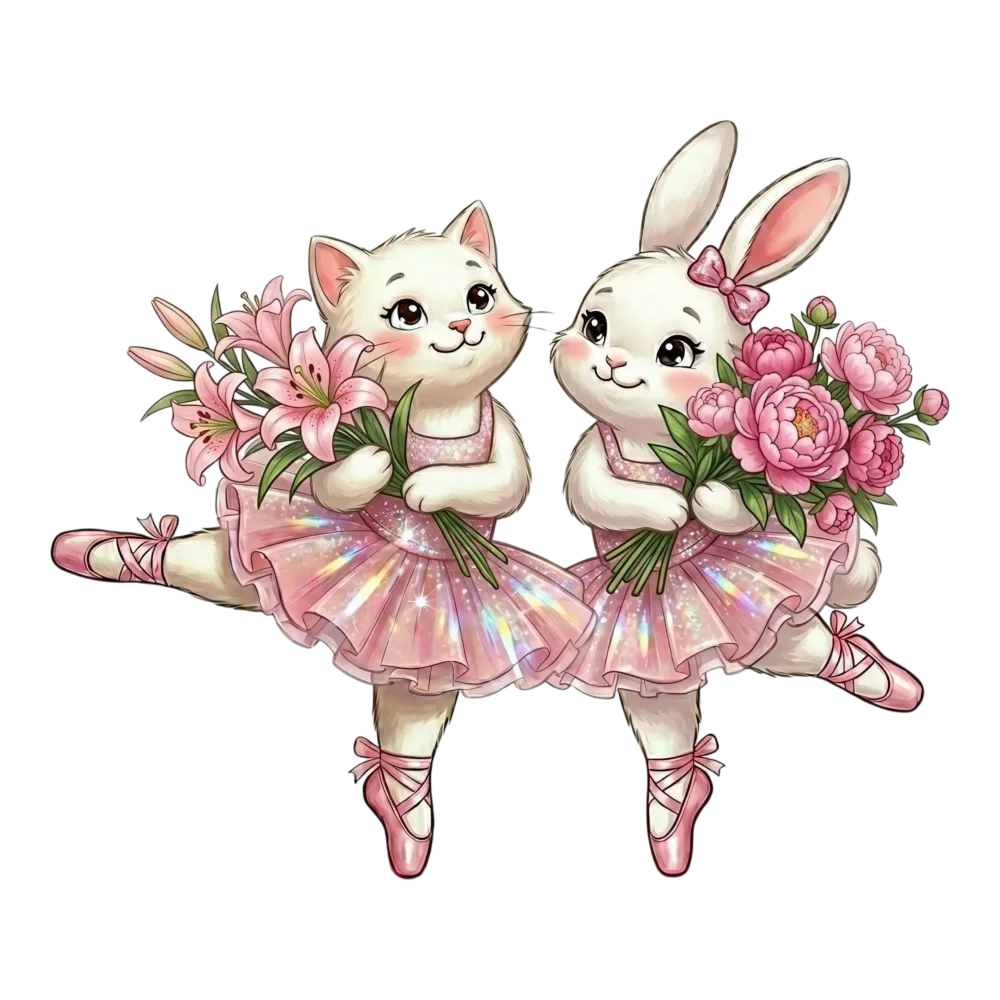Cute Cat and Bunny Ballerinas with Flowers
