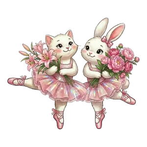 Cute Cat and Bunny Ballerinas with Flowers