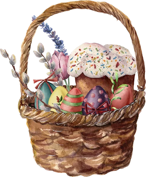 Watercolor Easter Basket with Colored Eggs, Flower and Cake