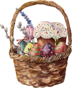 Watercolor Easter Basket with Colored Eggs, Flower and Cake