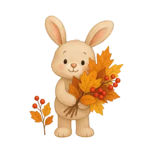 Cute Bunny Holding Autumn Leaves and Berries