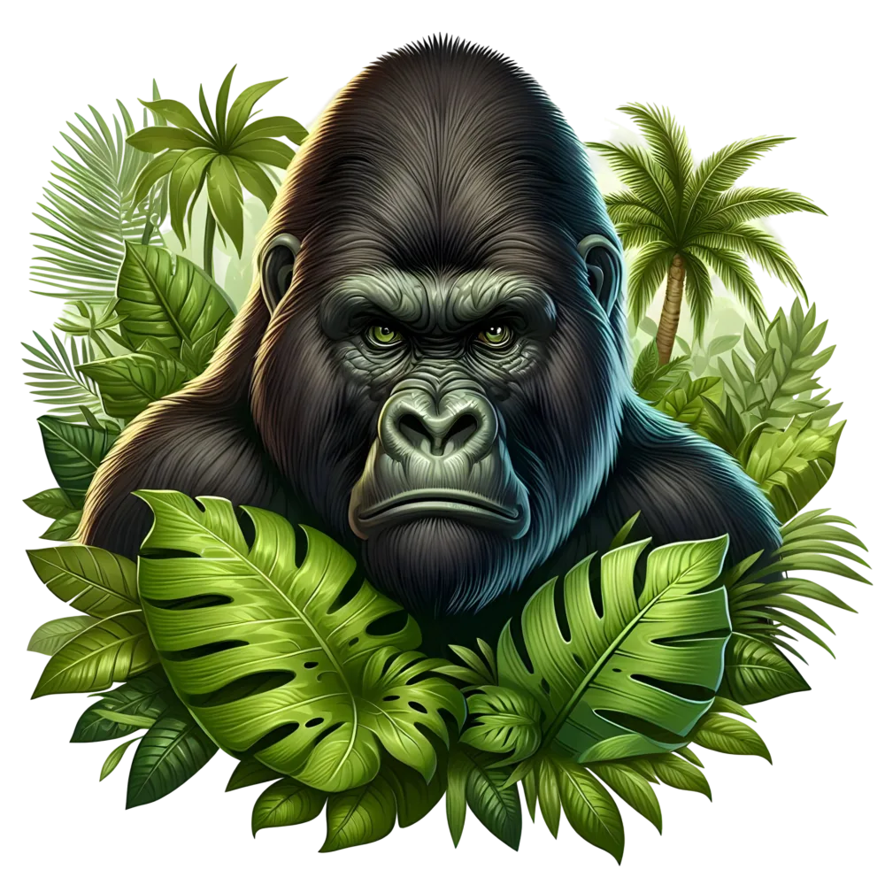 Illustration of a Gorilla Surrounded by Tropical Jungle Leaves