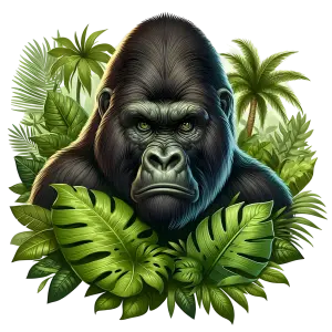 Illustration of a Gorilla Surrounded by Tropical Jungle Leaves