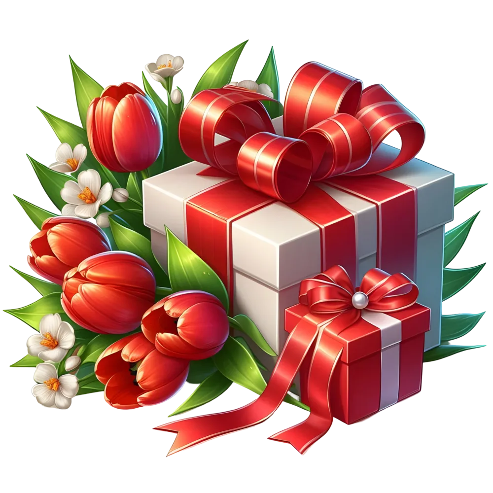 Gift Boxes with Red Tulips and White Flowers