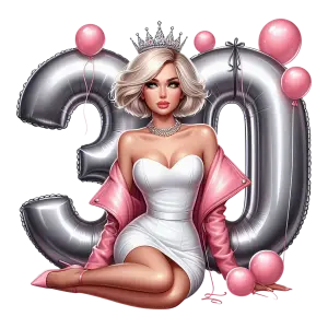 Stylish Woman Celebrating 30th Birthday with Balloons