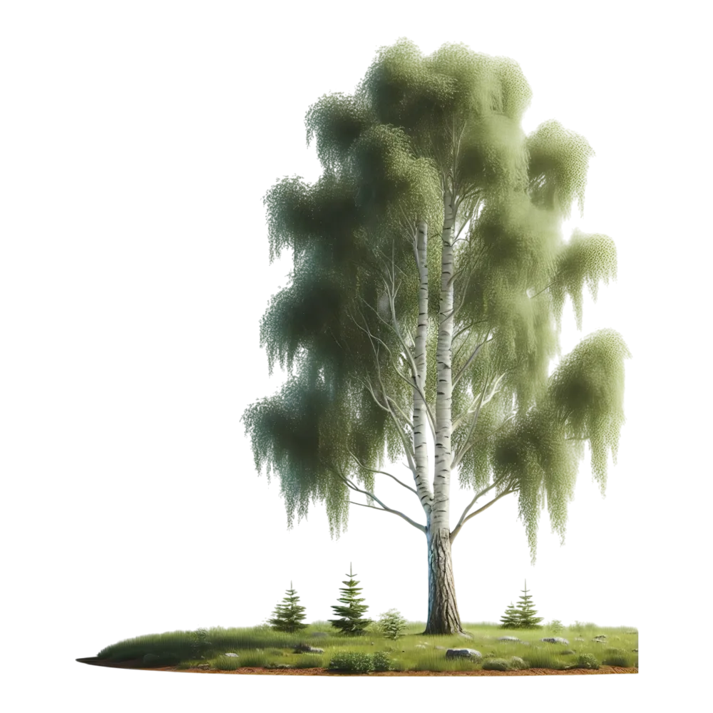 Birch Tree with Grass and Small Pine Trees