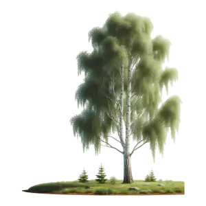 Birch Tree with Grass and Small Pine Trees