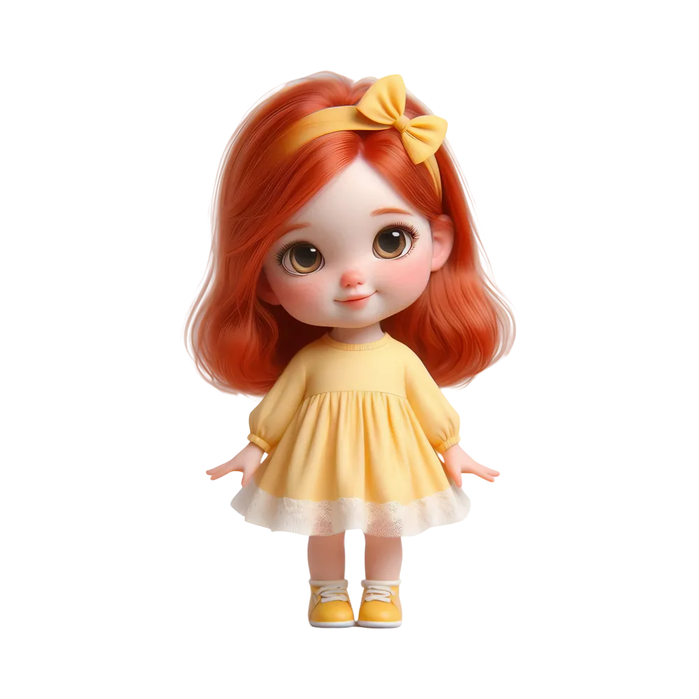 Cute Red-Haired Doll in Yellow Dress with Bow