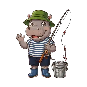 Cartoon Hippo Fisherman with Fishing Rod and Bucket of Fish