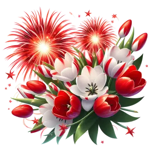 Bouquet of Red and White Tulips with Red Fireworks