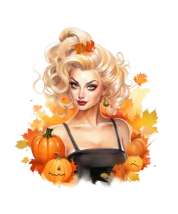 Blonde Woman with Autumn Leaves and Halloween Pumpkins