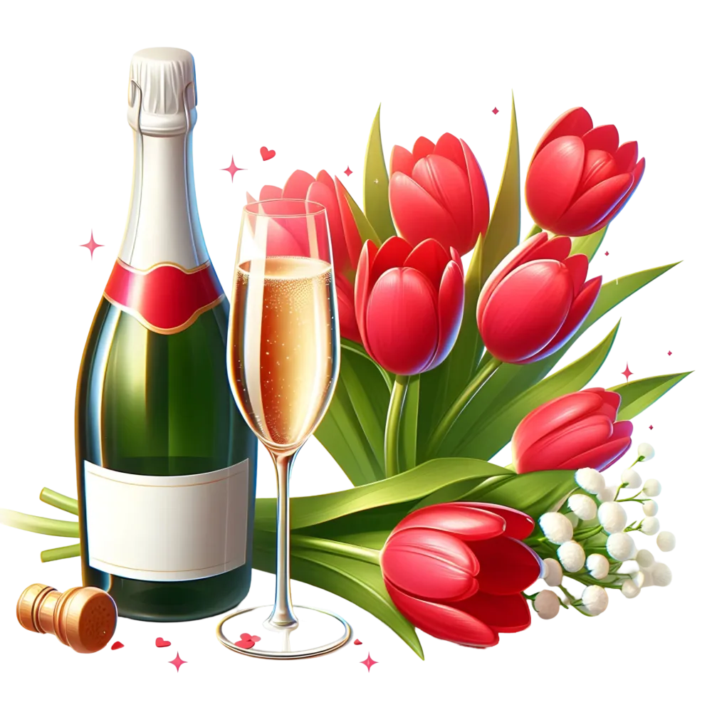 Champagne Bottle with Glass and Red Tulip Bouquet