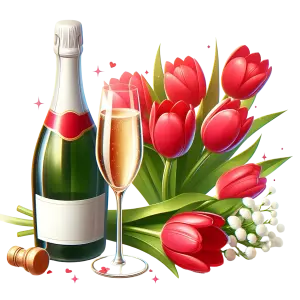 Champagne Bottle with Glass and Red Tulip Bouquet