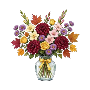Colorful Autumn Flower Bouquet in Glass Vase with Yellow Ribbon