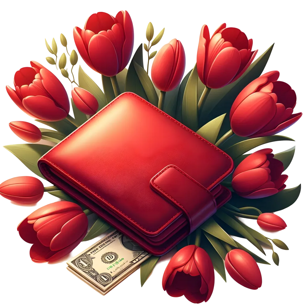 Red Wallet Surrounded by Red Tulips and Dollar Bill