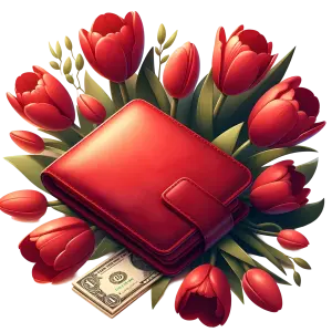 Red Wallet Surrounded by Red Tulips and Dollar Bill