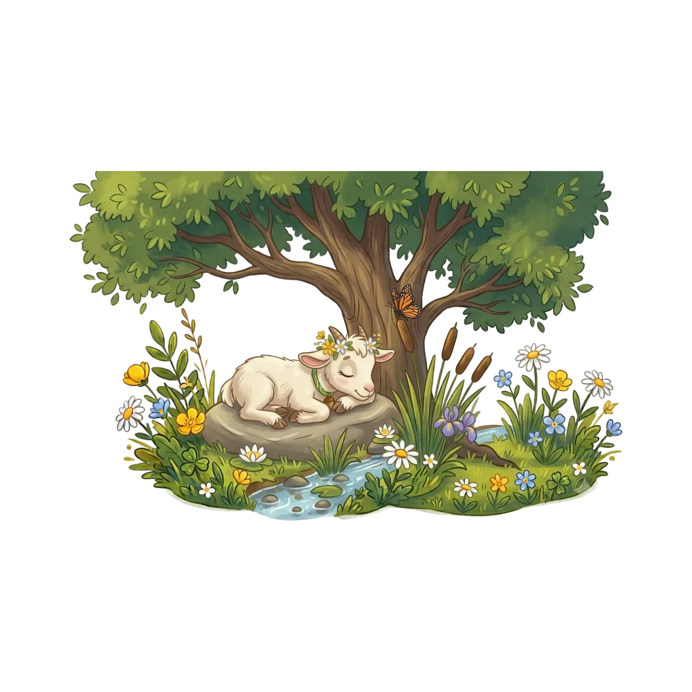 Sleeping Baby Goat Beneath a Tree in a Colorful Flower Meadow