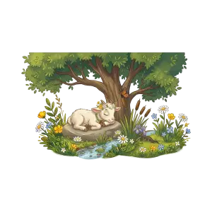 Sleeping Baby Goat Beneath a Tree in a Colorful Flower Meadow