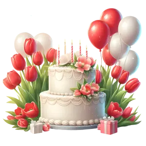 Two-Tier White Birthday Cake with Red Tulips and Balloons