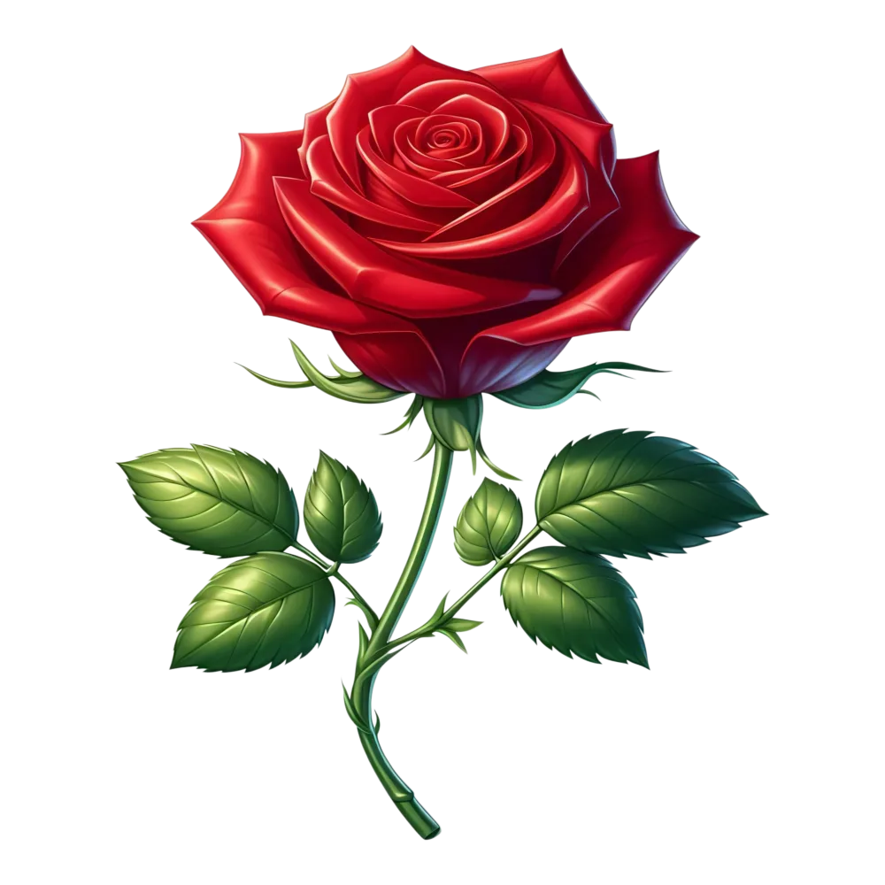 Detailed Red Rose with Green Leaves PNG
