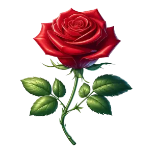 Detailed Red Rose with Green Leaves PNG