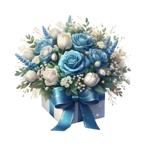 Elegant Blue and White Floral Bouquet with Ribbon Wrapped Box