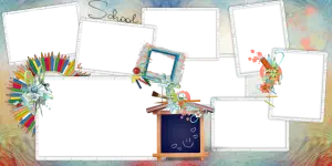 School Photo Collage Frame with Colored Pencils and Chalkboard