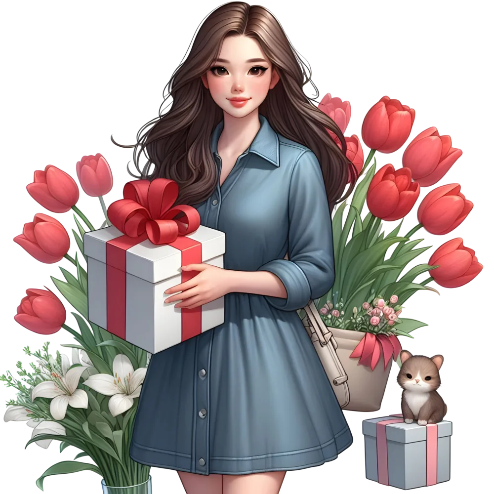 Young Woman Holding Gift Box with Tulips and Kitten