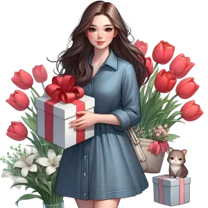 Young Woman Holding Gift Box with Tulips and Kitten