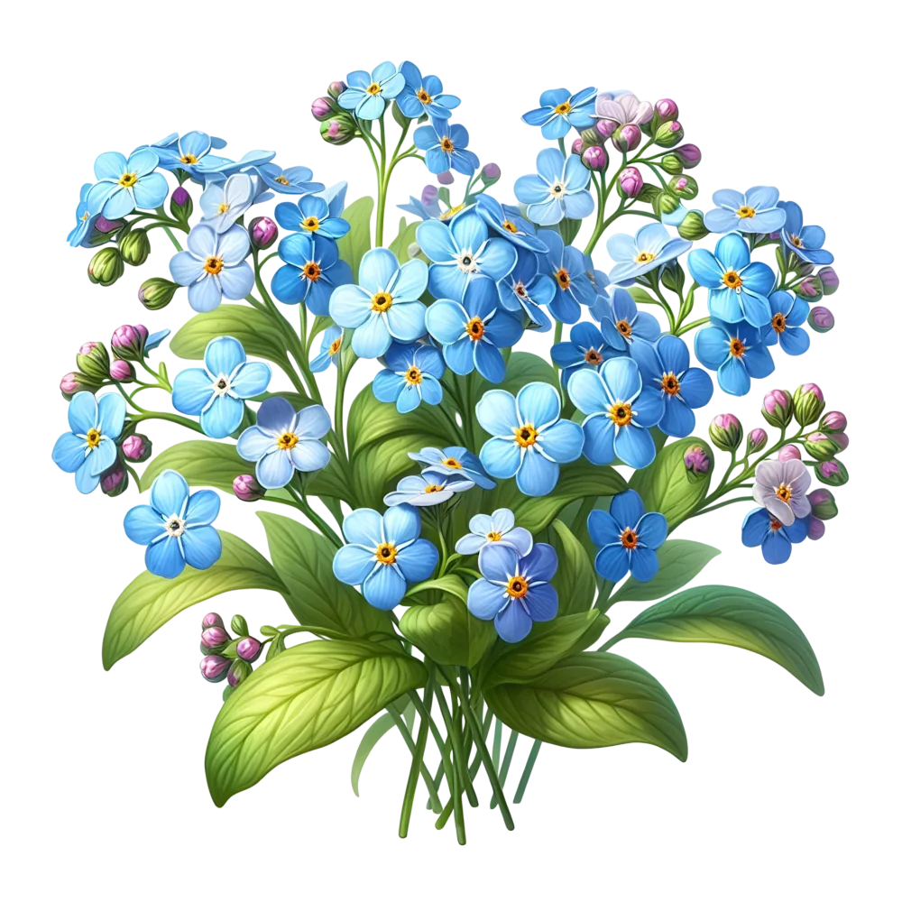 Bouquet of Blue Forget-Me-Not Flowers with Green Leaves