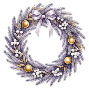 Purple Christmas Wreath with Gold Ornaments and Ribbon