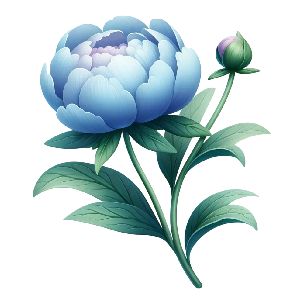 Blue Peony Flower with Green Leaves and Bud