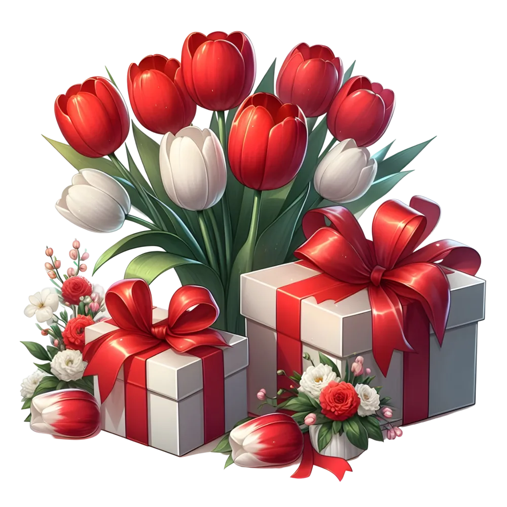 Red and White Tulip Bouquet with Gift Boxes