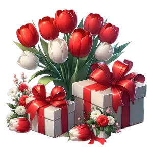 Red and White Tulip Bouquet with Gift Boxes