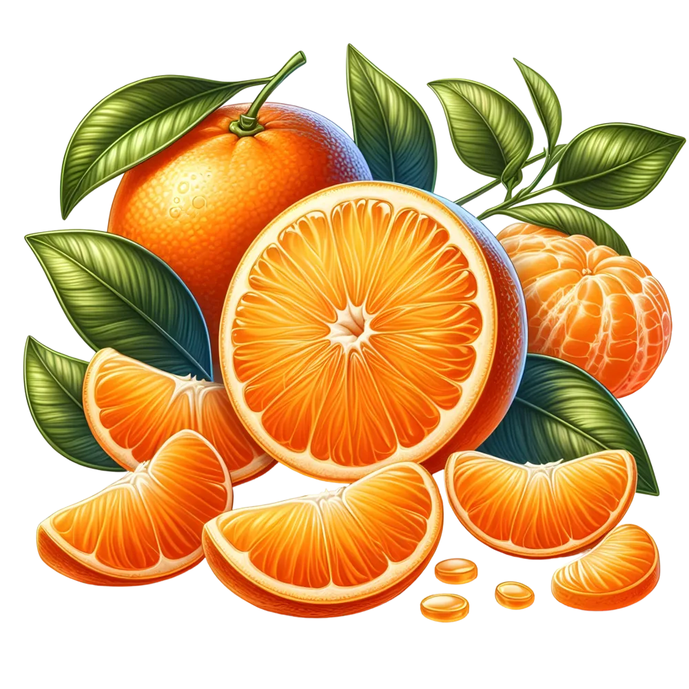 Fresh Orange Citrus Fruit with Leaves and Slices